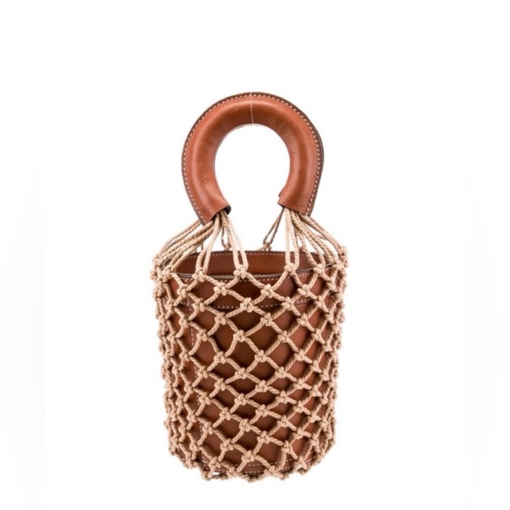 New Staud Moreau Leather and net bucket bag in tan